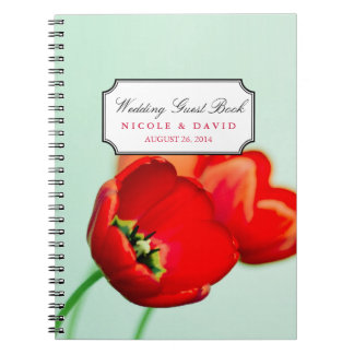 Red tulip floral mint bokeh wedding guestbook notebook