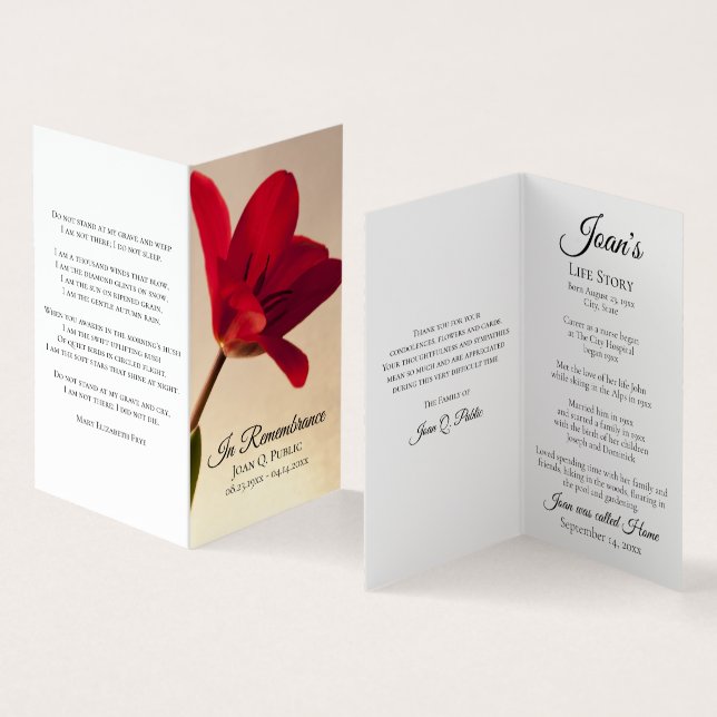 Red Tulip Floral Spring Funeral Memorial Prayer Business Card (Inside and Outside)