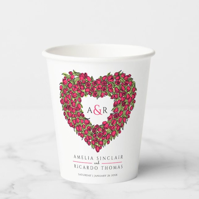Red tulip flower bouquet art monogram wedding paper cups (Front)