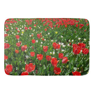 Red Tulip Flower Field Nature Photography Bath Mat