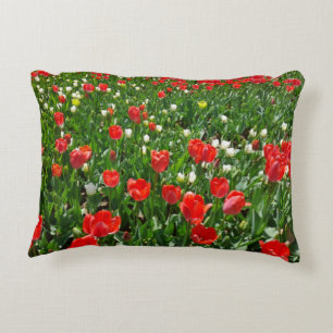 Red Tulip Flower Field Nature Photography Decorative Cushion
