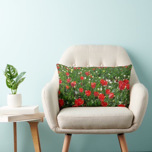 Red Tulip Flower Field Nature Photography Lumbar Cushion (Chair)