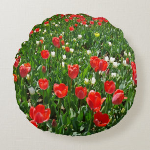 Red Tulip Flower Field Nature Photography Round Cushion