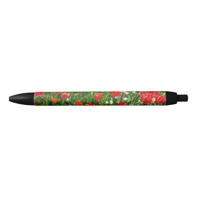 Red Tulip Flower Field Photo Black Ink Pen (Front)