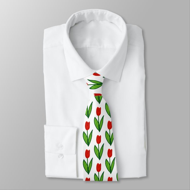 Red tulip flower pattern custom colour neck tie (Tied)
