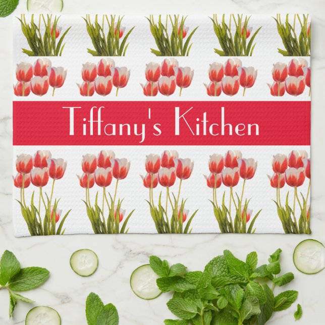 Red Tulip  Flower Personalised Floral  Tea Towel (Folded)