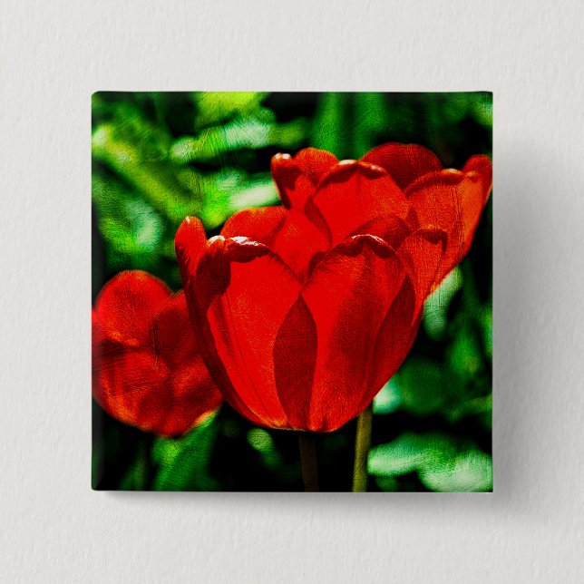 Red tulip flowers 15 cm square badge (Front)