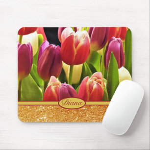 Red Tulip Flowers Gold Sparkles Floral Name Mouse Mat