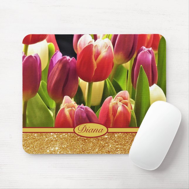 Red Tulip Flowers Gold Sparkles Floral Name Mouse Mat (With Mouse)