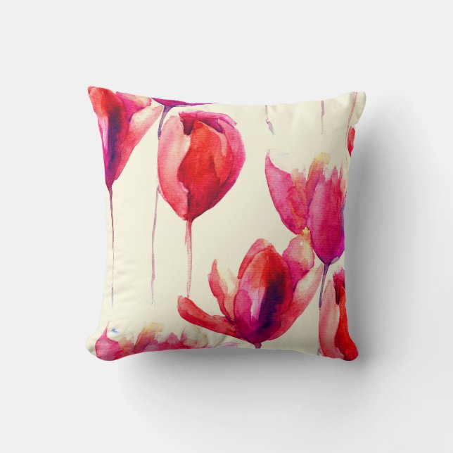 Red Tulip Flowers Watercolor Cushion (Front)