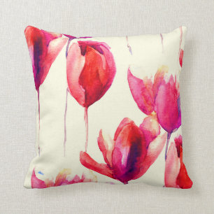 Red Tulip Flowers Watercolor Cushion