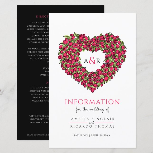 Red tulip heart wedding guest information (Front/Back)