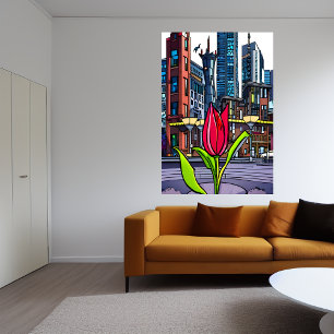 Red tulip in the city AI Art Poster