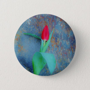 Red Tulip on Blue Grey Slate 6 Cm Round Badge