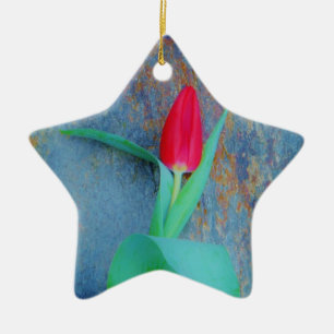 Red Tulip on Blue Grey Slate Ceramic Tree Decoration