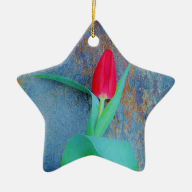 Red Tulip on Blue Grey Slate Ceramic Tree Decoration (Front)