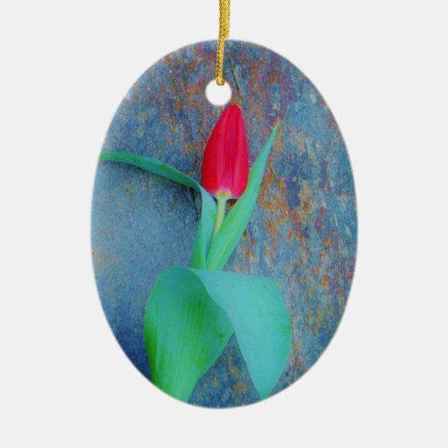 Red Tulip on Blue Grey Slate Ceramic Tree Decoration (Front)