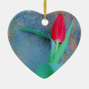 Red Tulip on Blue Grey Slate Ceramic Tree Decoration