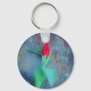Red Tulip on Blue Grey Slate Key Ring