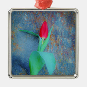 Red Tulip on Blue Grey Slate Metal Tree Decoration