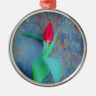 Red Tulip on Blue Grey Slate Metal Tree Decoration