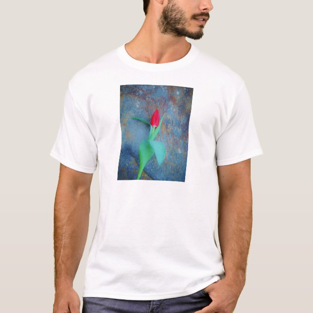 Red Tulip on Blue Grey Slate T-Shirt (Front)