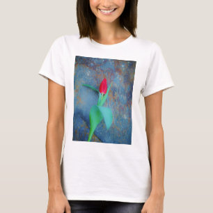Red Tulip on Blue Grey Slate T-Shirt