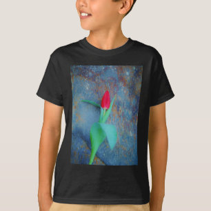 Red Tulip on Blue Grey Slate T-Shirt