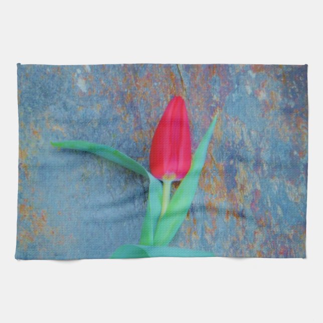 Red Tulip on Blue Grey Slate Tea Towel (Horizontal)