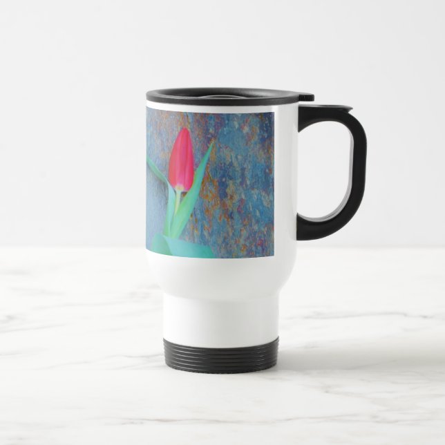 Red Tulip on Blue Grey Slate Travel Mug (Right)