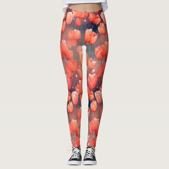 Red Tulip Pattern Leggings (Front)