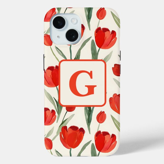 Red tulip pattern personalised monogram Case-Mate iPhone case (Back)
