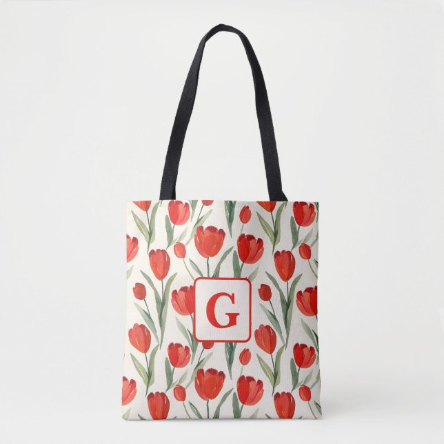 Red tulip pattern personalised monogram tote bag (Front)
