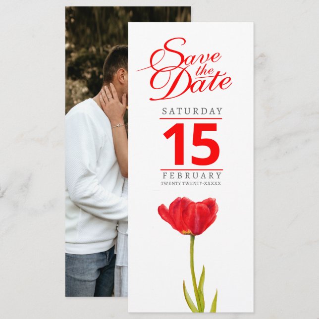 Red tulip photo wedding save the date (Front/Back)