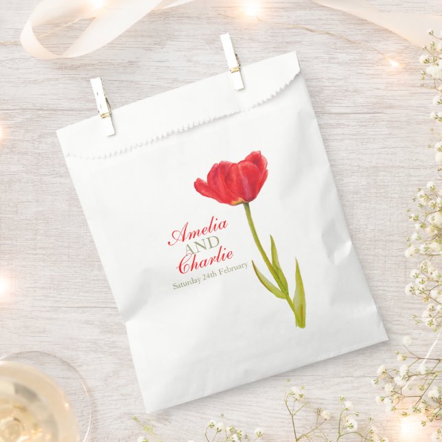 Red tulip spring watercolor wedding favour bags (Clipped)