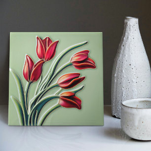 Red Tulip Wall Decor Art Nouveau Art Deco Tile
