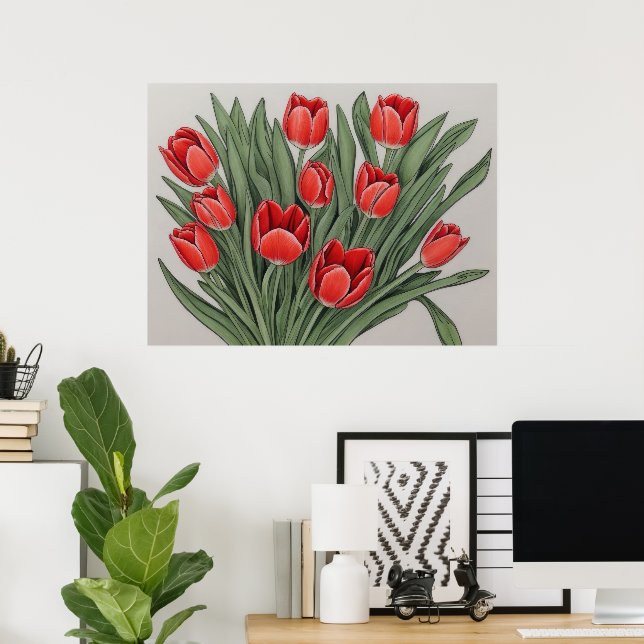 Red Tulip Watercolor Flowers Poster (Home Office)