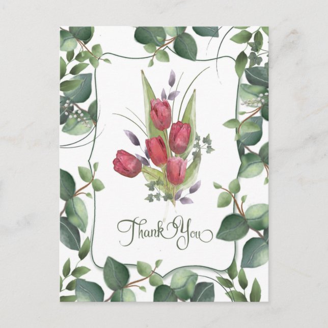 Red Tulip Watercolor Hand Painted Thank You Postcard (Front)