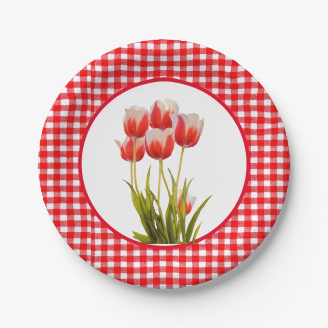  Red Tulip with Gingham  Paper Plate (Front)