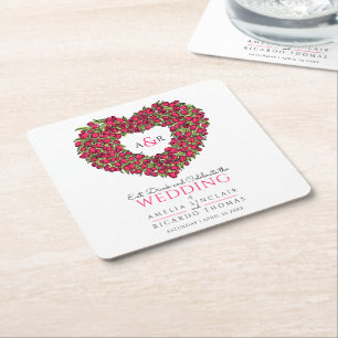 Red tulip wreath ink drawing monogram wedding square paper coaster