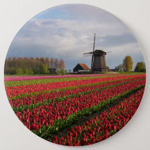 Red tulips and a windmill 6 cm round badge