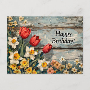 Red Tulips and Daffofils on Blue Wood Postcard