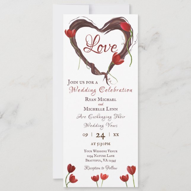 Red Tulips and Heart Wreath Spring Love Wedding Invitation (Front)