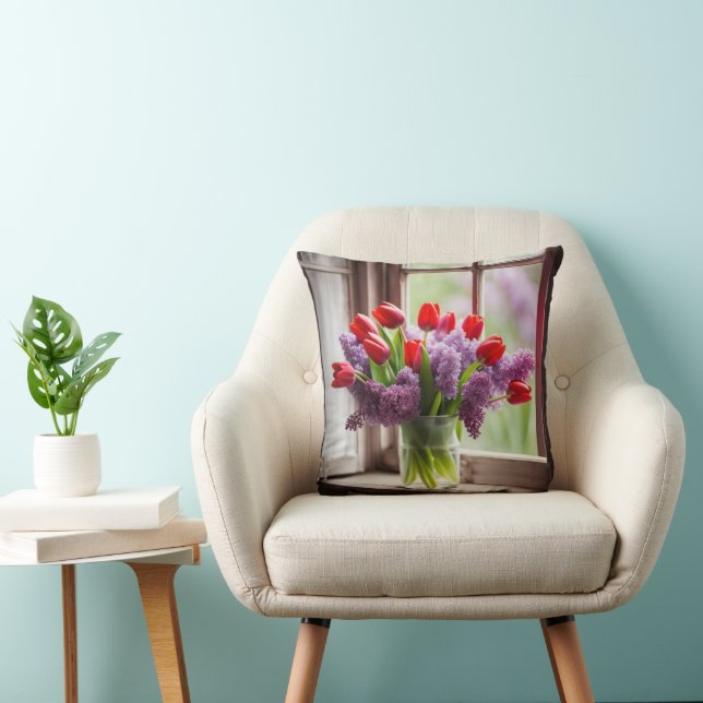 Red Tulips and Lilac Bouquet Cushion (Chair)