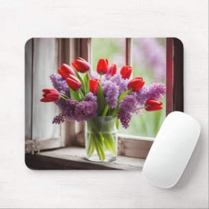 Red Tulips and Lilac Bouquet Mouse Mat