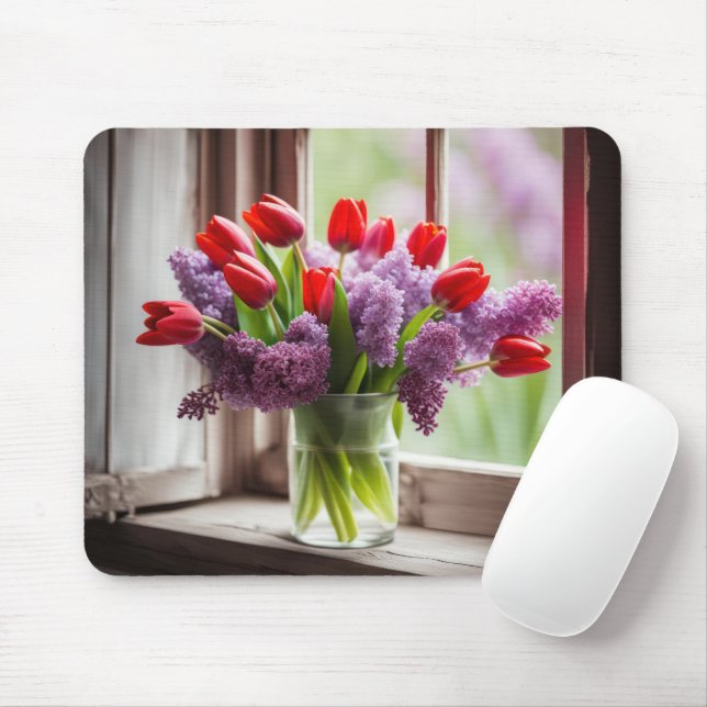 Red Tulips and Lilac Bouquet Mouse Mat (With Mouse)