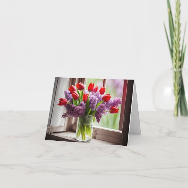Red Tulips and Lilac Bouquet Note Card (Front)