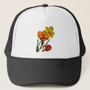 Red tulips and yellow daffodil flowers trucker hat