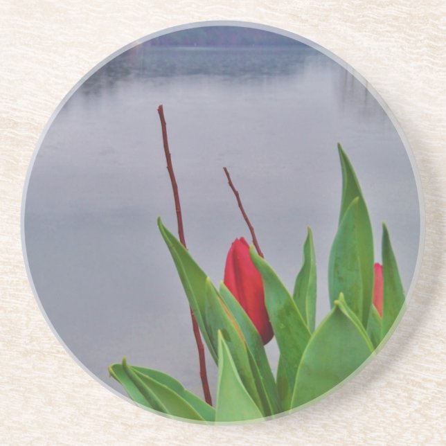 Red Tulips Blue Lake Arrowhead water Coaster (Front)