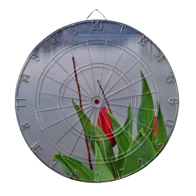 Red Tulips Blue Lake Arrowhead water Dartboard (Front)